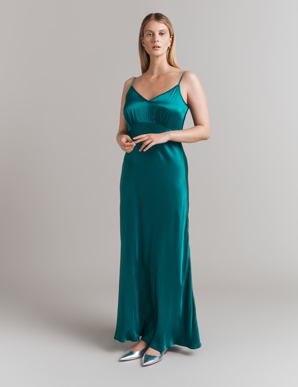 Satin V Neck Strappy Maxi Slip Dress