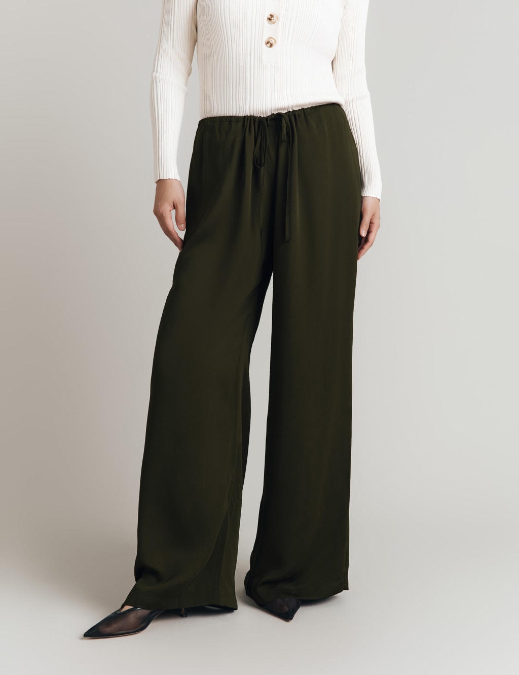 Crepe Drawstring Straight Wide Leg Trousers | Ghost | M&S