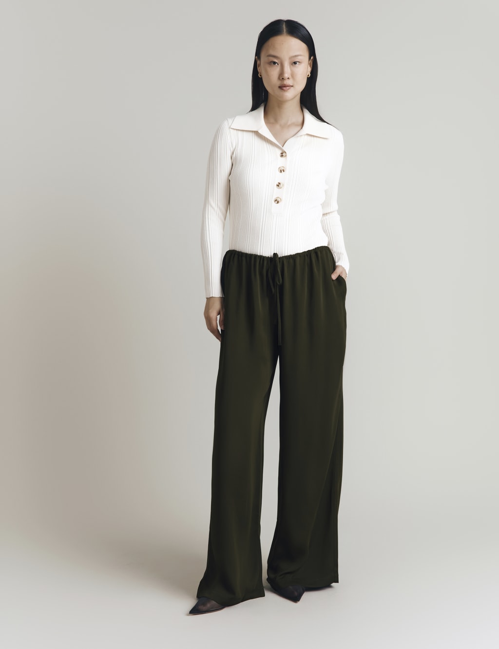 Crepe Drawstring Straight Wide Leg Trousers | Ghost | M&S