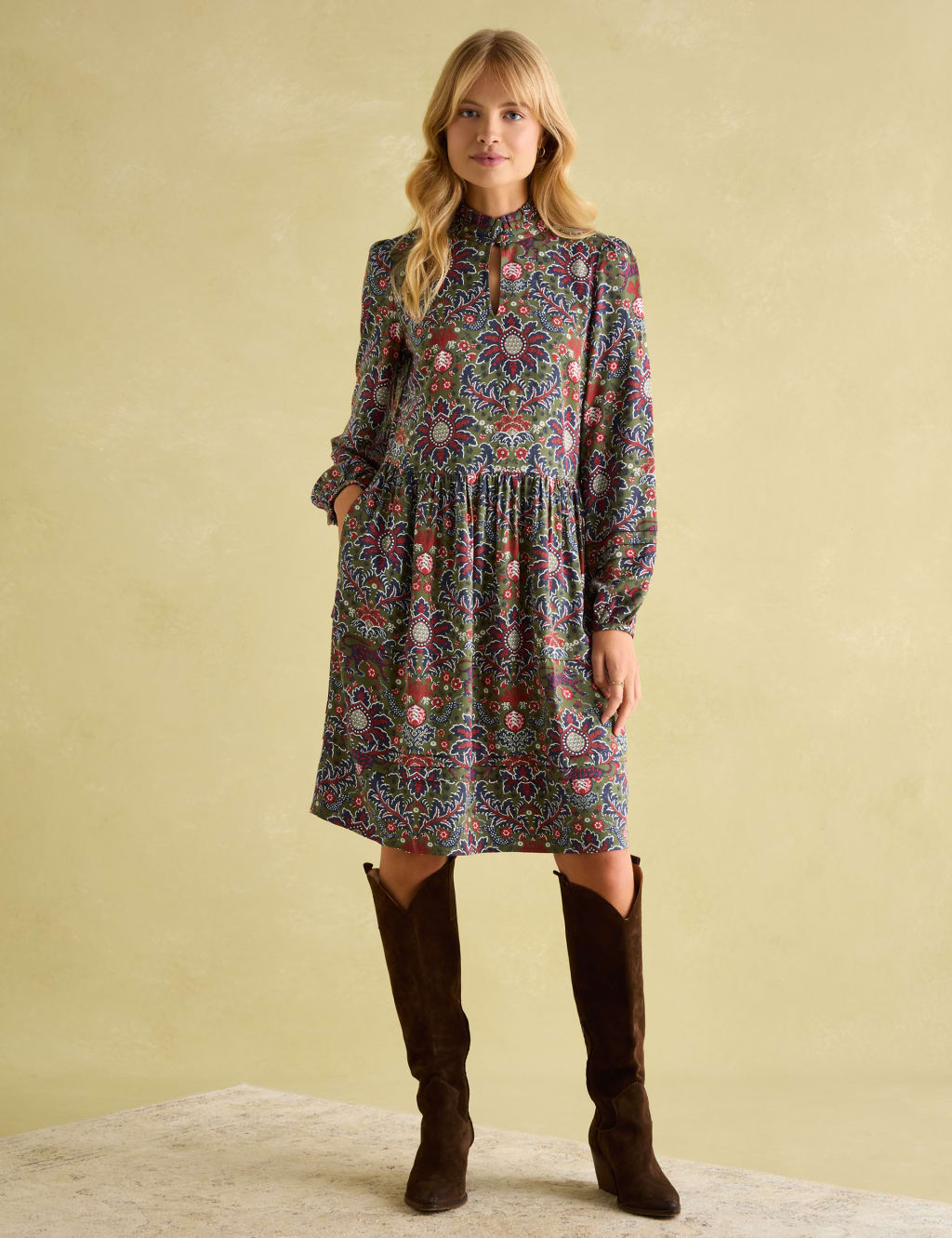 Floral High Neck Knee Length Waisted Dress 1 of 8