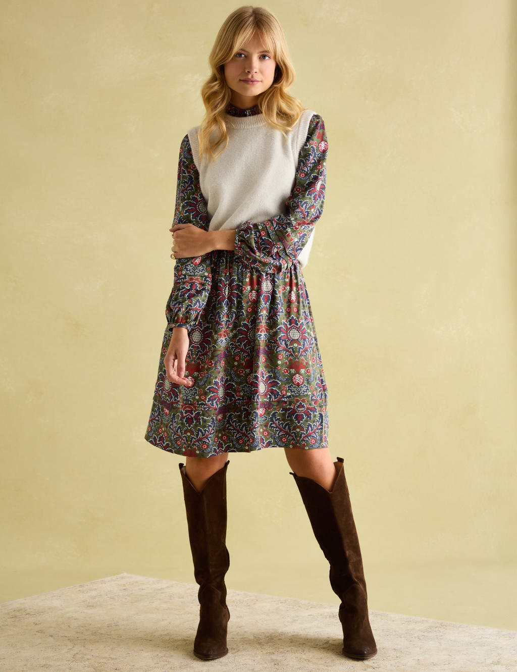 Floral High Neck Knee Length Waisted Dress 3 of 8