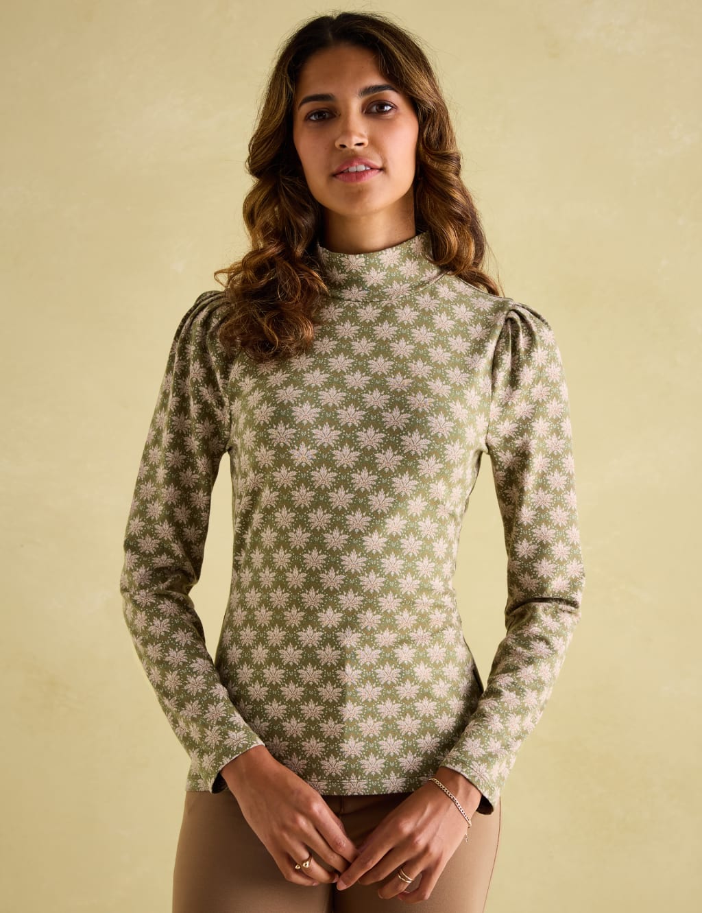Cotton Rich Leaf Print High Neck Top 1 of 5