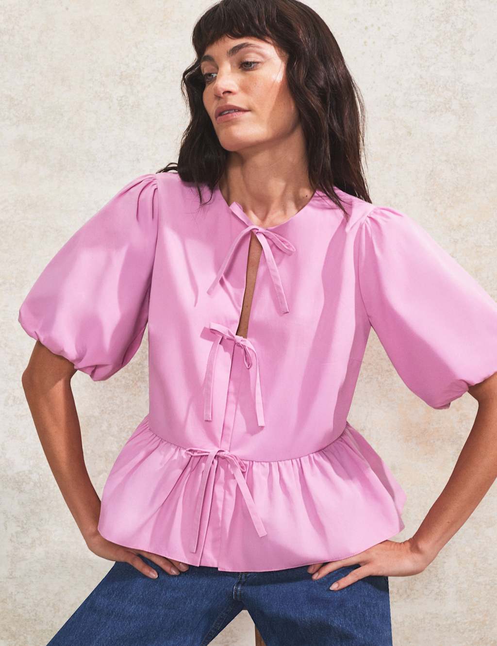 Pure Cotton Tie Front Peplum Top 2 of 4