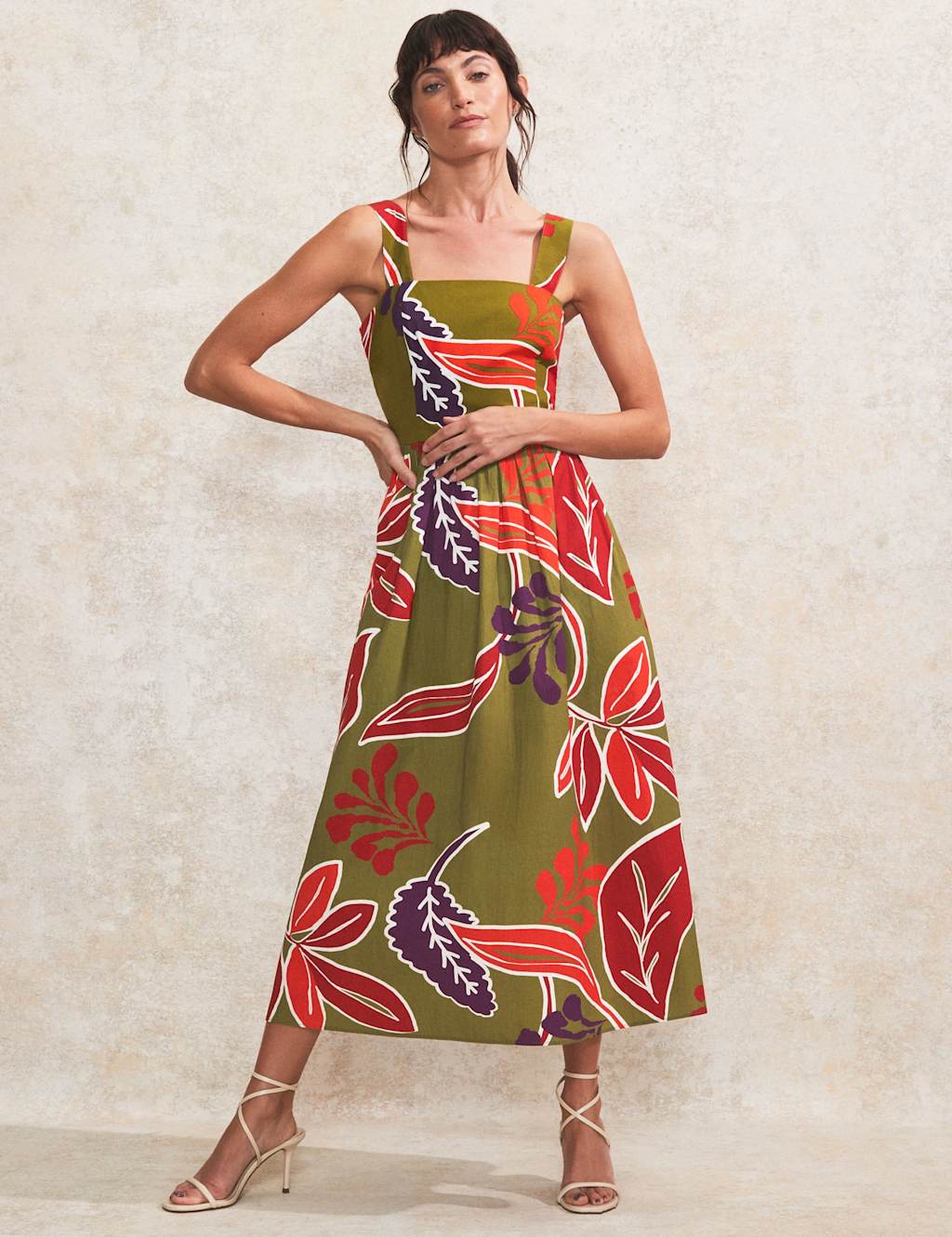 Pure Cotton Leaf Print Midaxi Waisted Dress 2 of 5