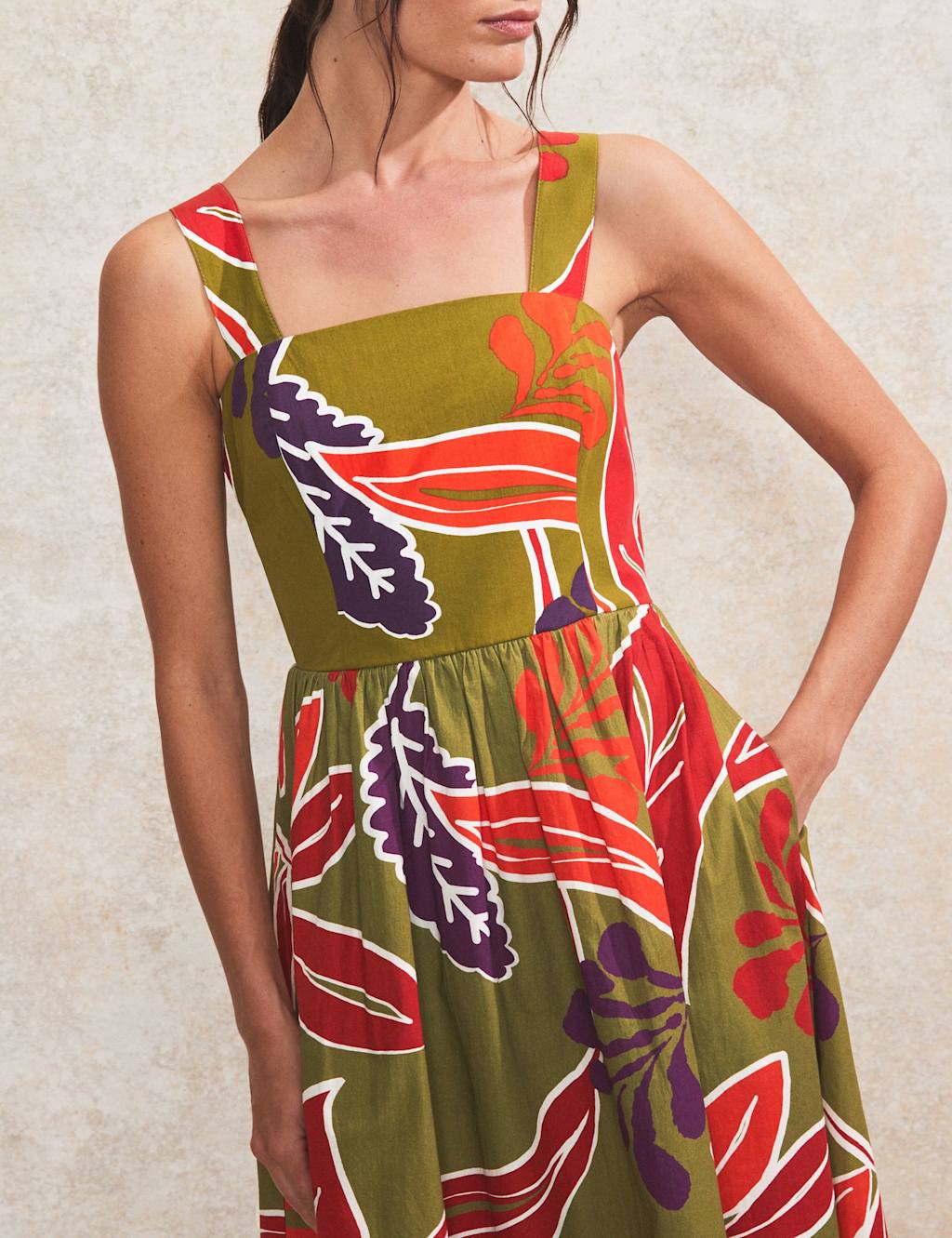 Pure Cotton Leaf Print Midaxi Waisted Dress 4 of 5