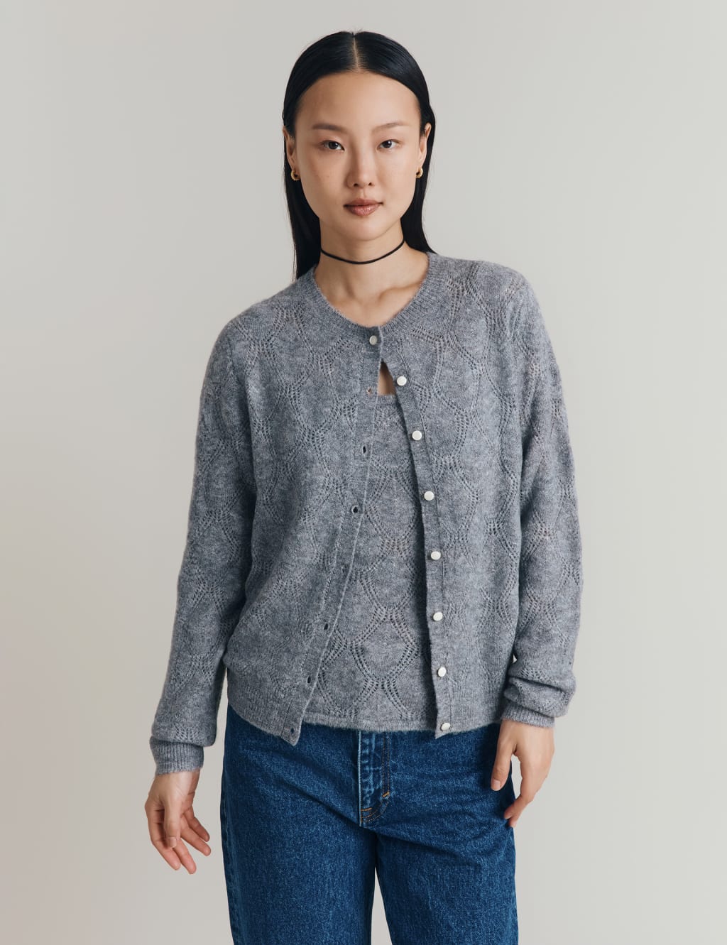 Pointelle Crew Neck Cardigan with Wool 1 of 4