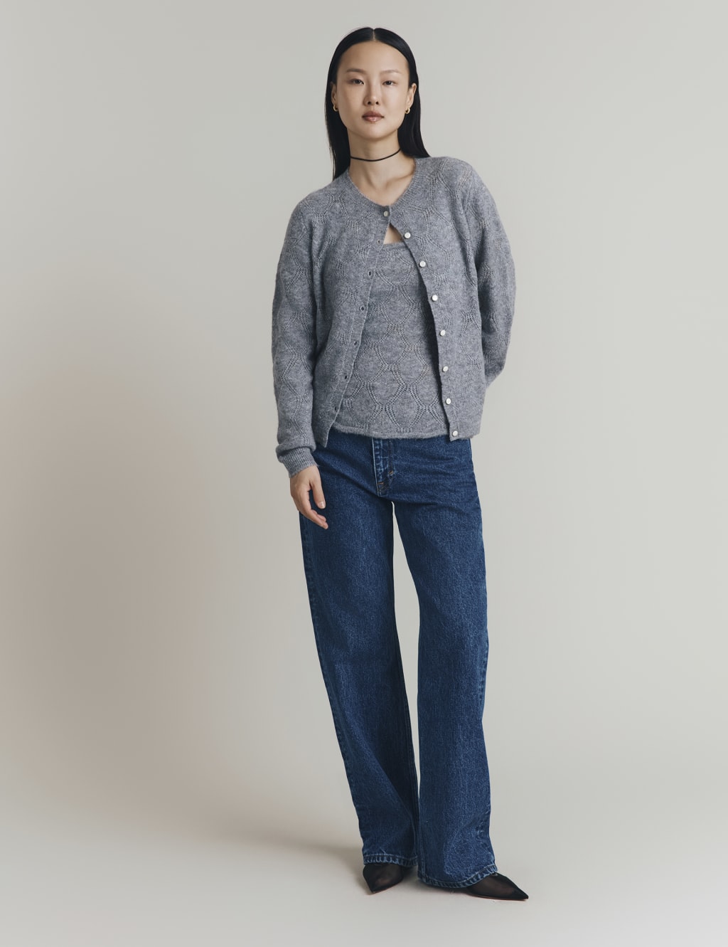Pointelle Crew Neck Cardigan with Wool 2 of 4
