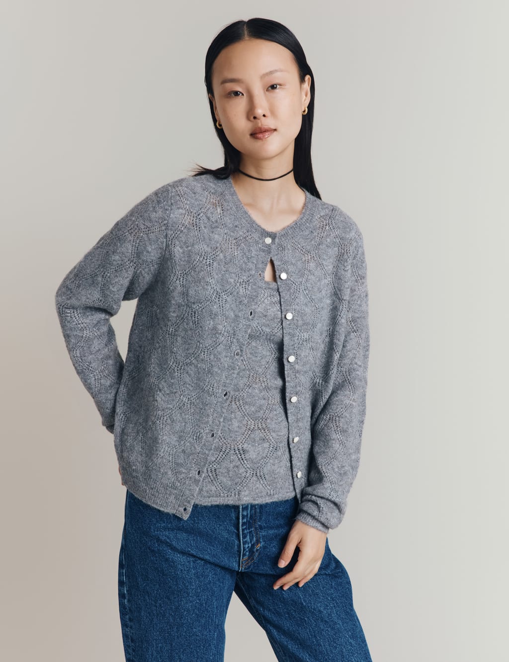 Pointelle Crew Neck Cardigan with Wool 4 of 4