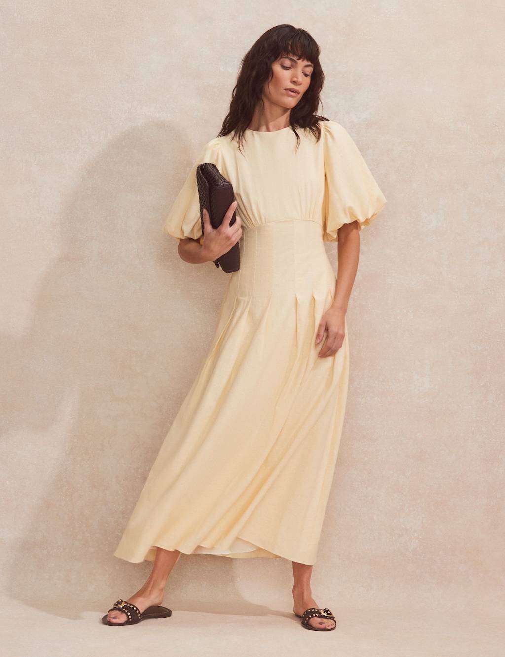 Linen Rich Pleated Midaxi Waisted Dress 2 of 4