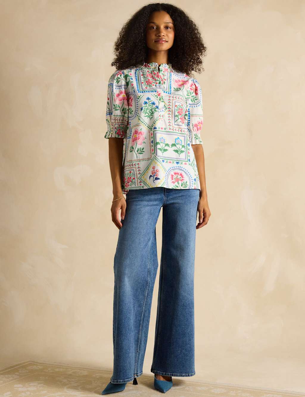 Pure Cotton Floral Frill Neck Puff Sleeve Blouse 3 of 7
