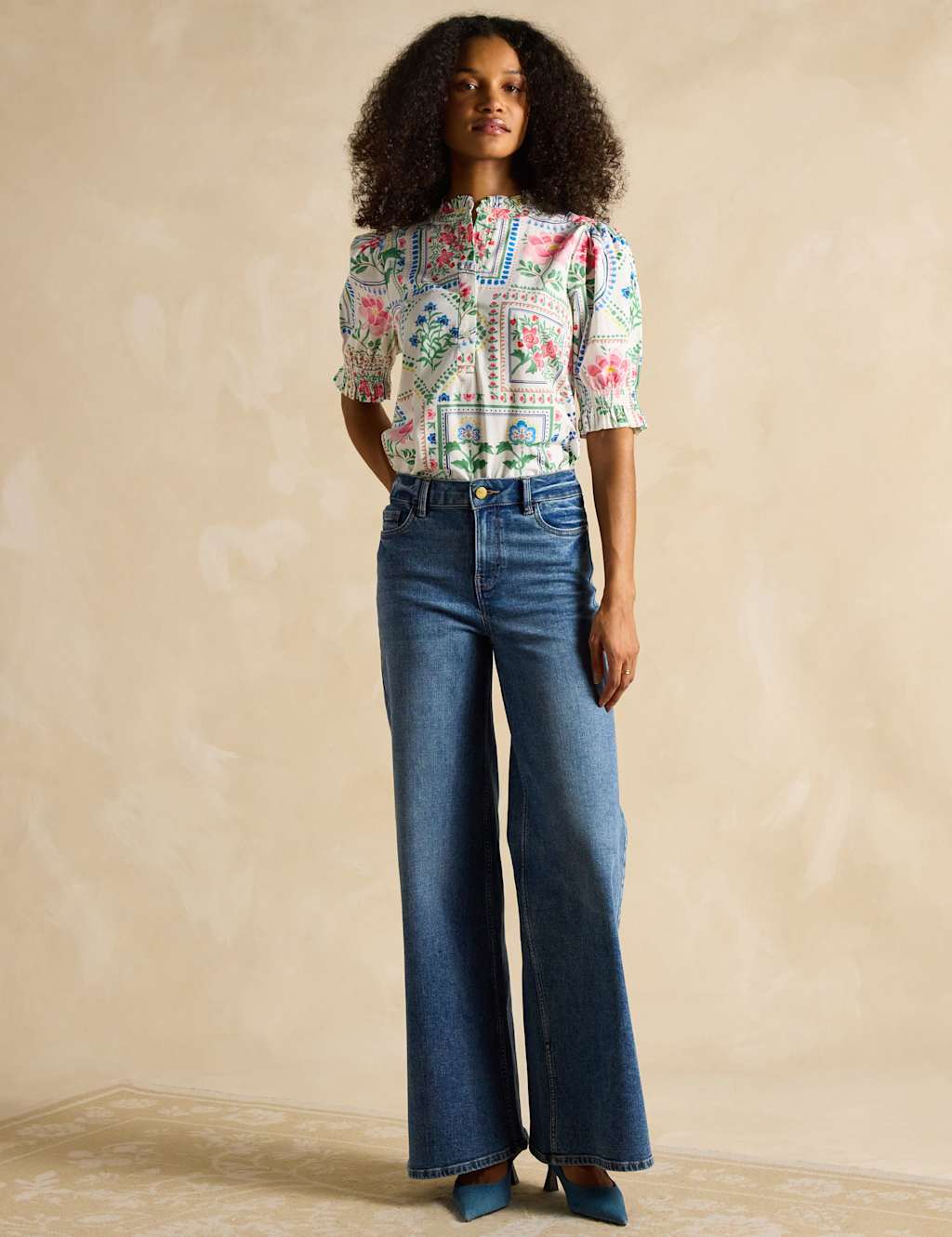 Pure Cotton Floral Frill Neck Puff Sleeve Blouse 4 of 7