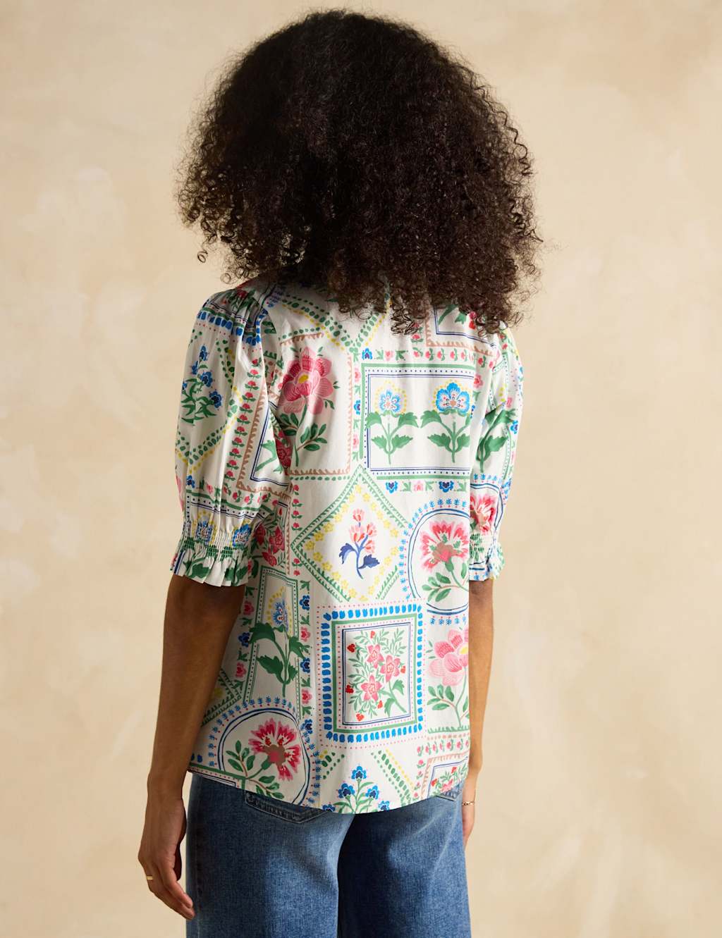 Pure Cotton Floral Frill Neck Puff Sleeve Blouse 5 of 7