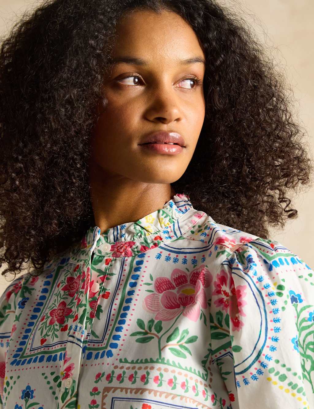 Pure Cotton Floral Frill Neck Puff Sleeve Blouse 6 of 7