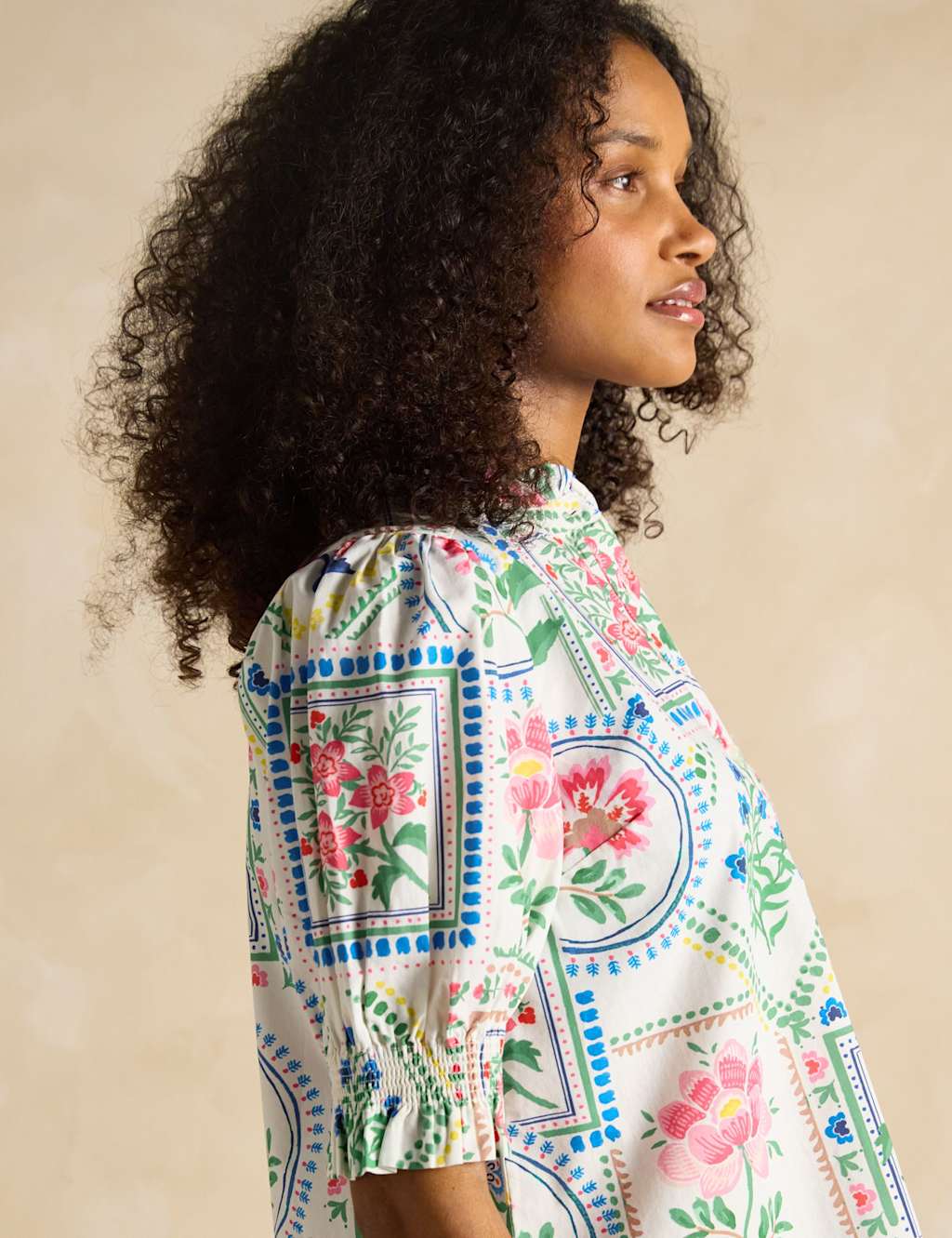 Pure Cotton Floral Frill Neck Puff Sleeve Blouse 7 of 7