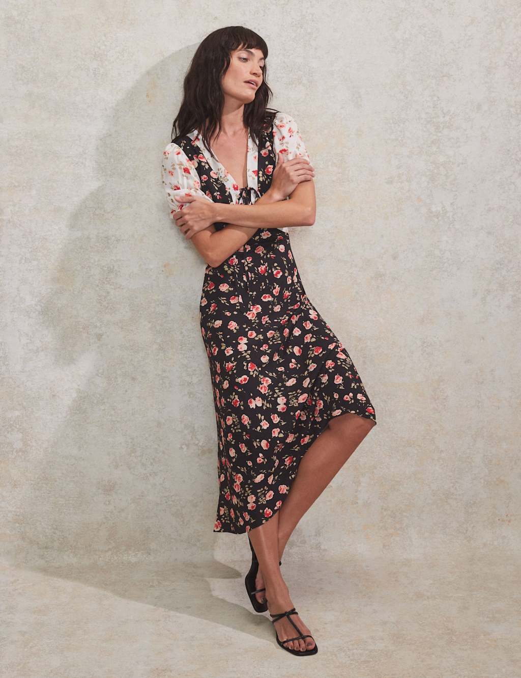 Ditsy Floral Tie Neck Midi Tea Dress 2 of 4