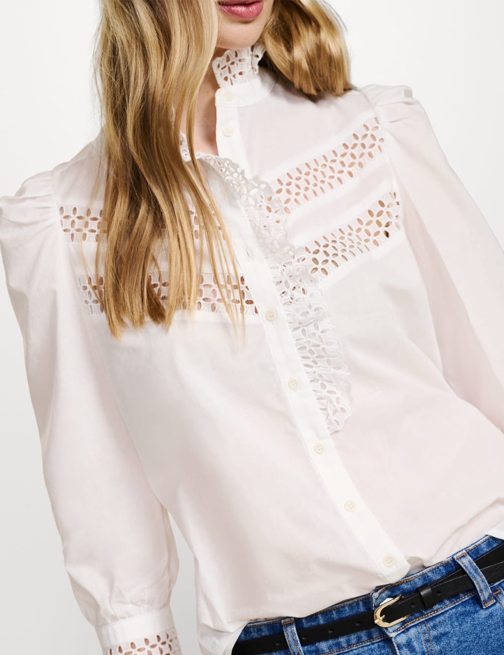 Pure Cotton Broderie High Neck Blouse