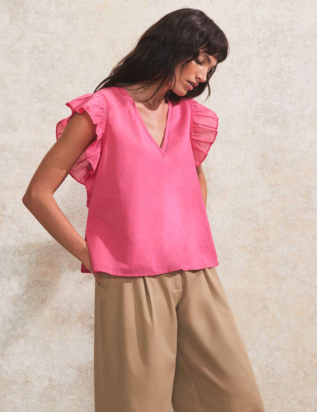 Pure Cotton V-Neck Frill Sleeve Relaxed Top 2 of 4