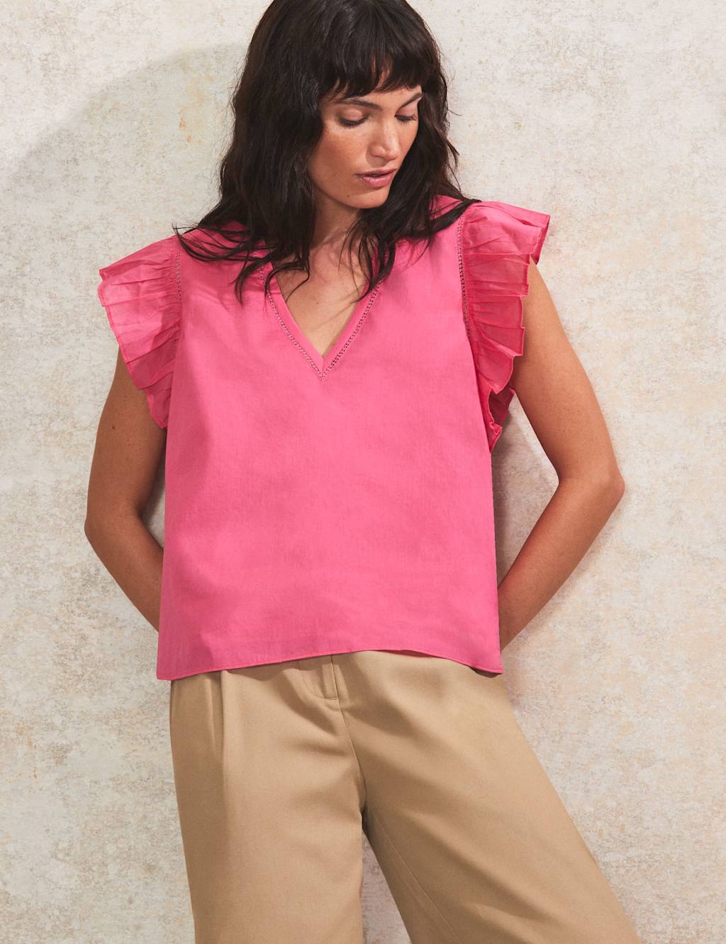 Pure Cotton V-Neck Frill Sleeve Relaxed Top 3 of 4