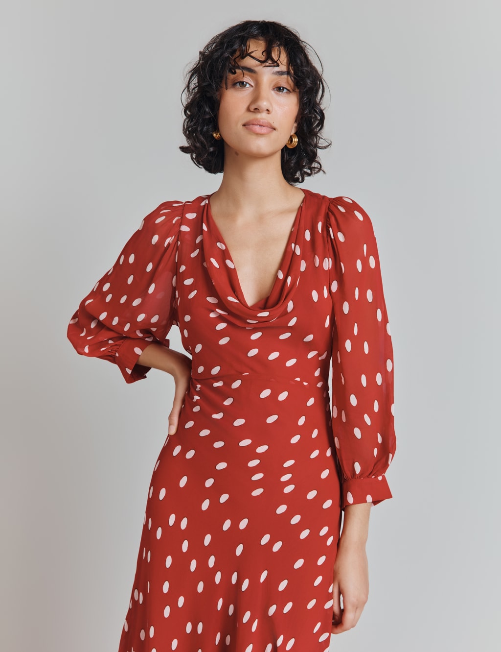 Polka dot cowl neck dress hot sale