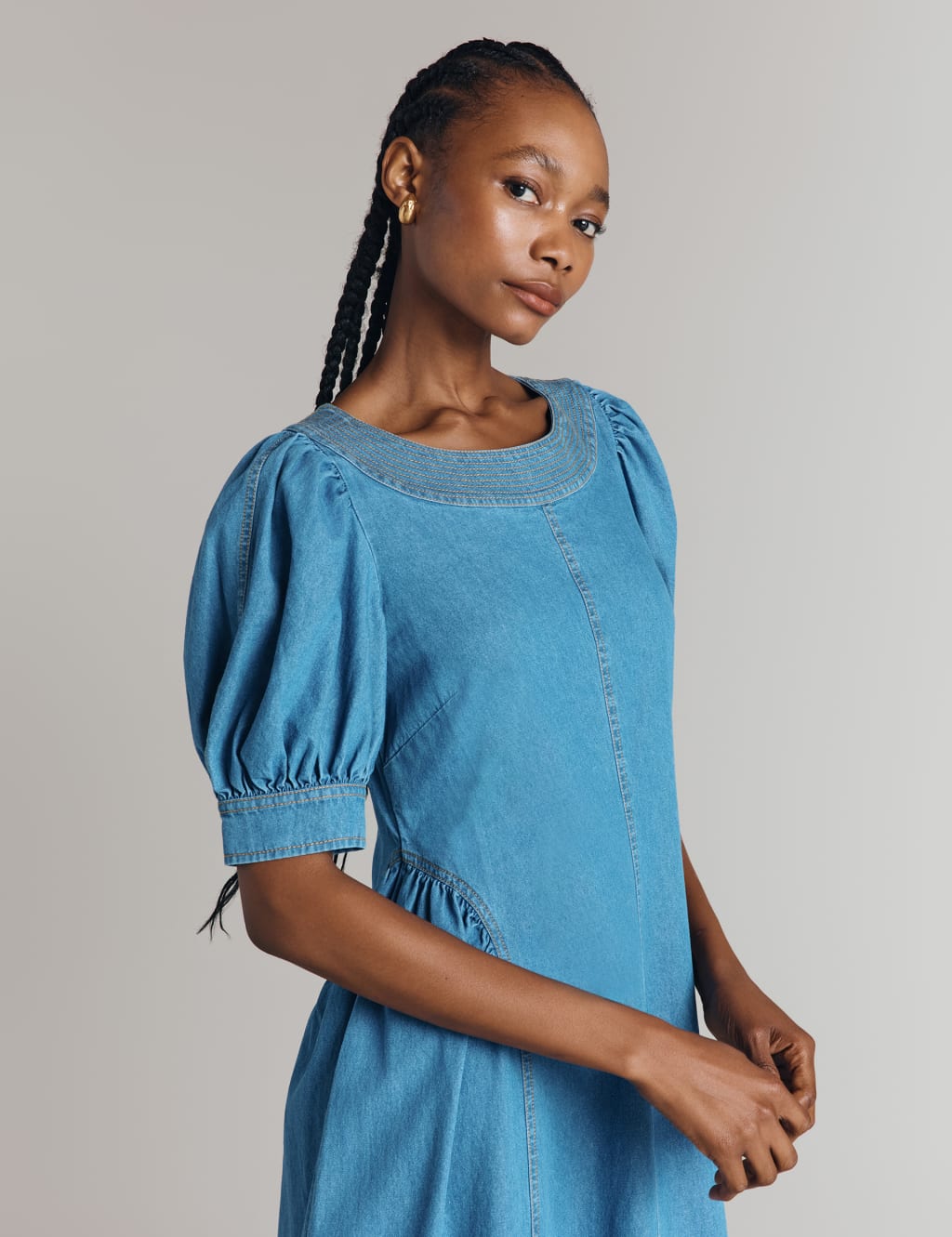 Denim Puff Sleeve Midaxi Tea Dress 2 of 5