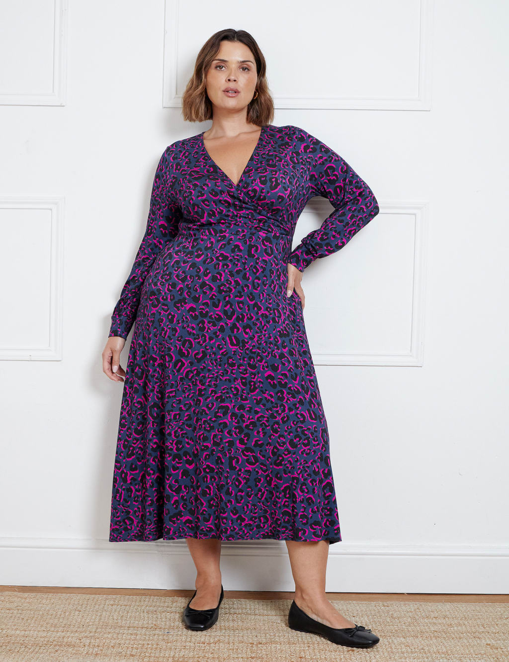 Animal Print V Neck Midi Wrap Dress