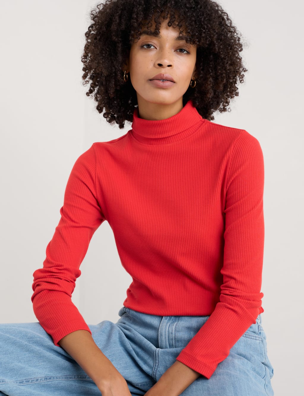Cotton Rich Ribbed Roll Neck Slim Fit Top 3 of 4