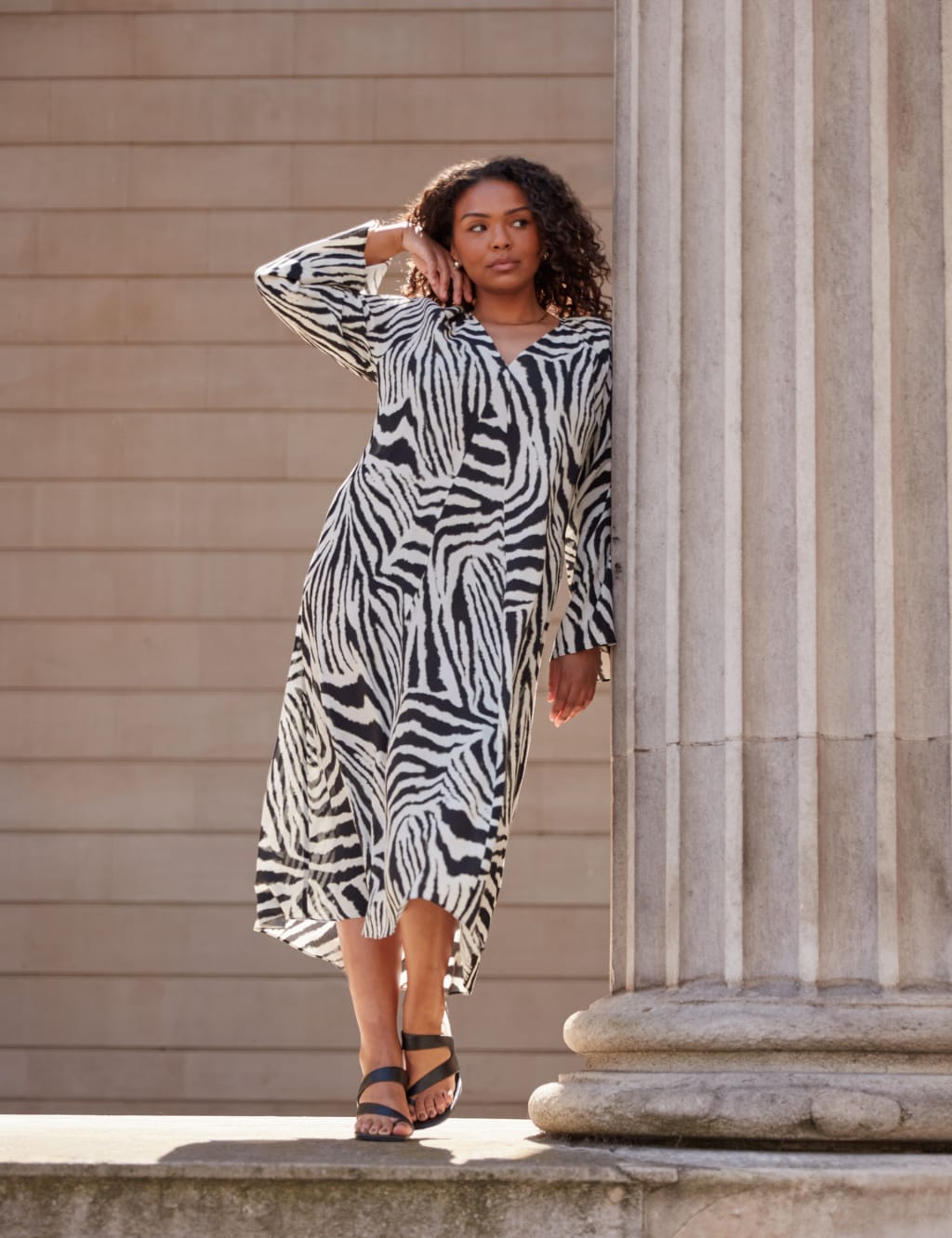 Zebra Print V Neck Midi Swing Dress