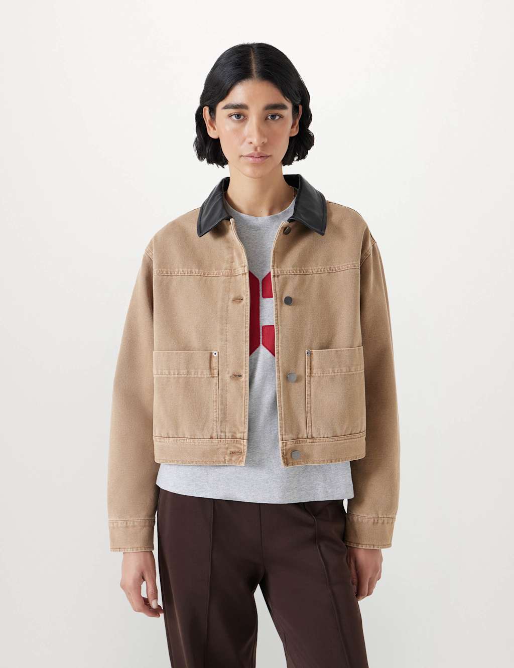 Pure Cotton Leather Collar Cropped Jacket 3 of 5