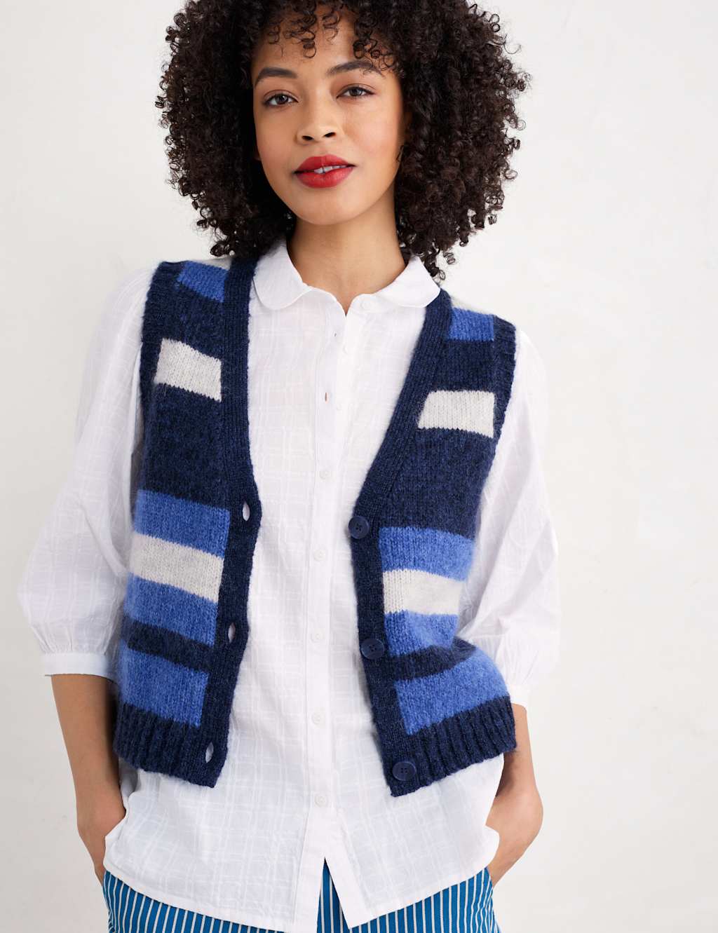 Wool Blend Striped V-Neck Knitted Vest 3 of 4