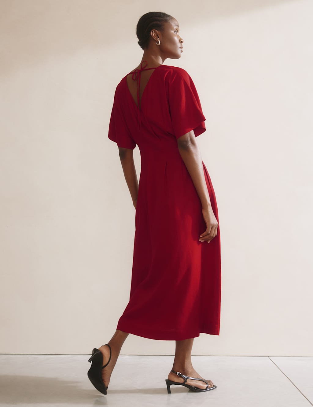 Linen Blend Midi Waisted Dress 3 of 5