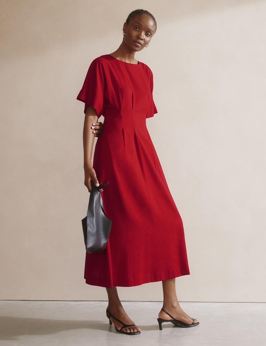 Linen Blend Midi Waisted Dress 4 of 5