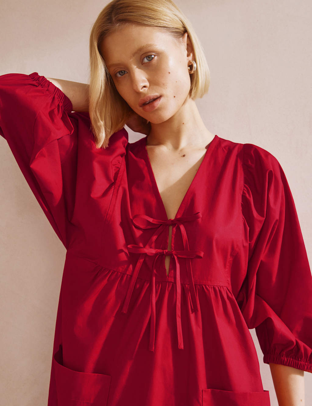 Pure Cotton Tie Neck Midaxi Smock Dress 4 of 5