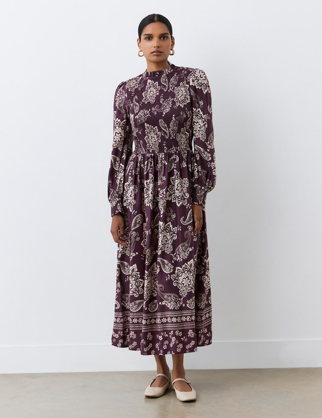 Printed Shirred Midi Smock Dress 4 of 4