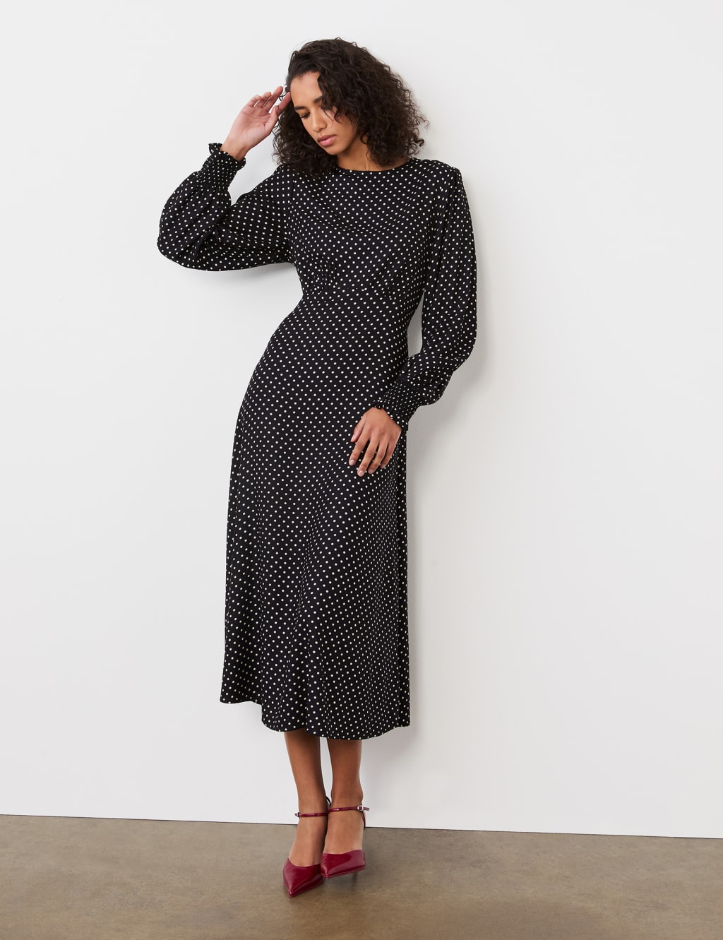Polka Dot Blouson Sleeve Midi Waisted Dress 2 of 4