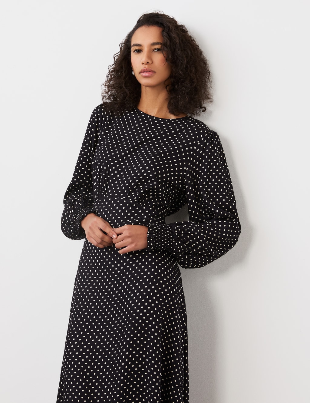Polka Dot Blouson Sleeve Midi Waisted Dress 3 of 4