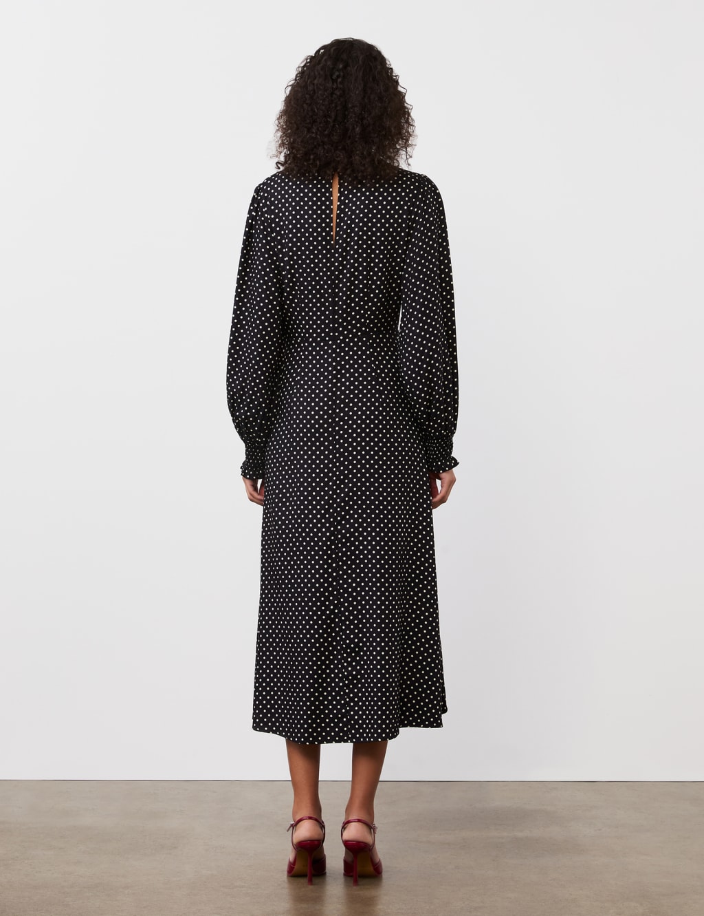 Polka Dot Blouson Sleeve Midi Waisted Dress 4 of 4
