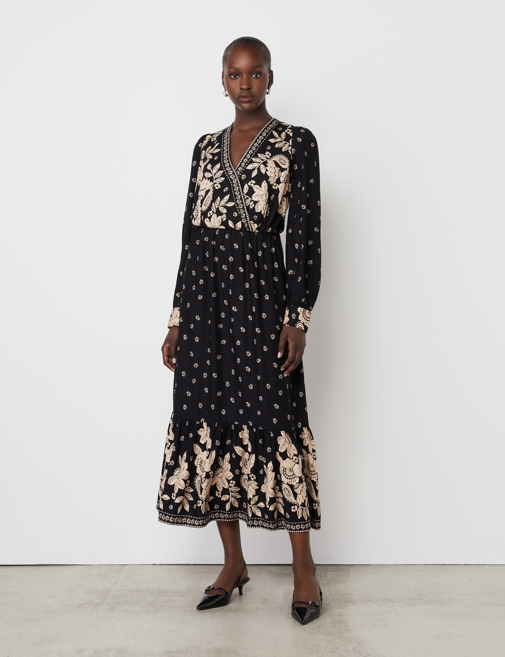 Floral V Neck Midi Smock Dress