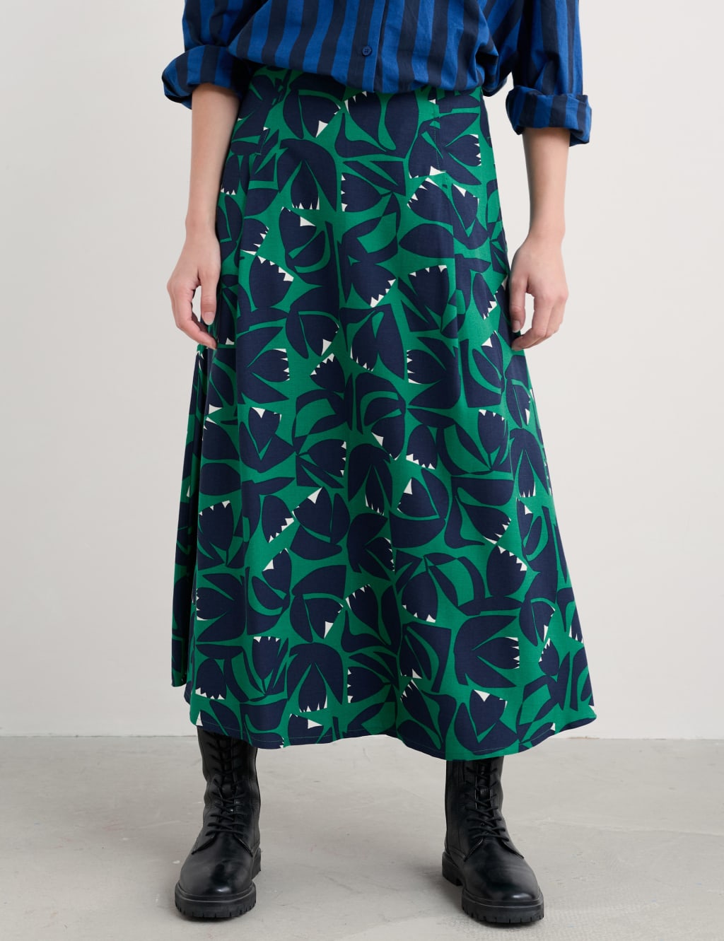 Floral Midi A-Line Skirt with Linen 3 of 4