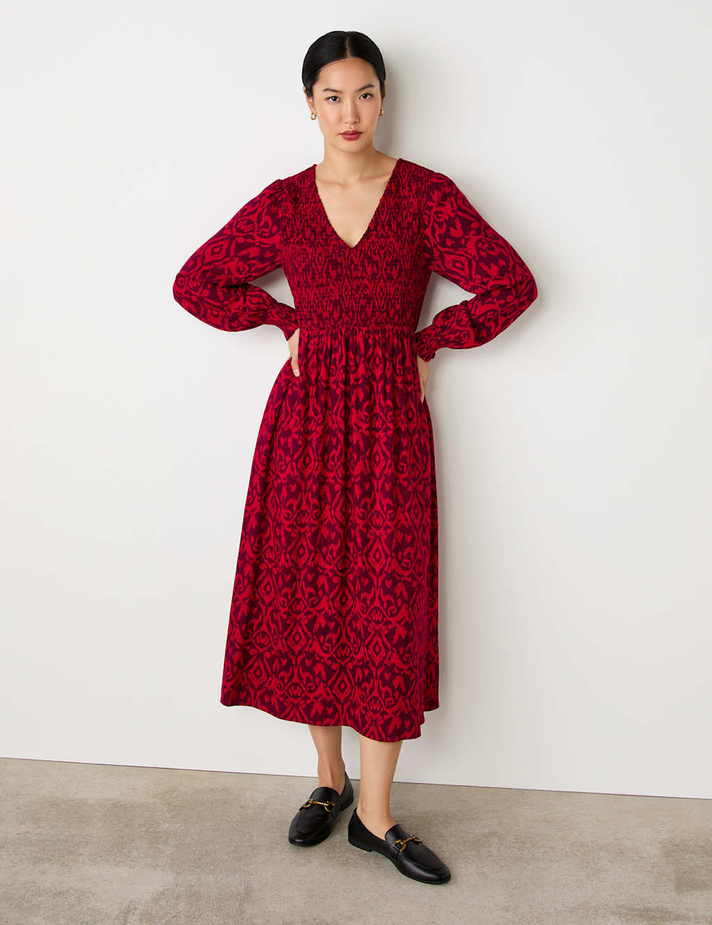 Printed V-Neck Midi Smock Dress 3 of 4
