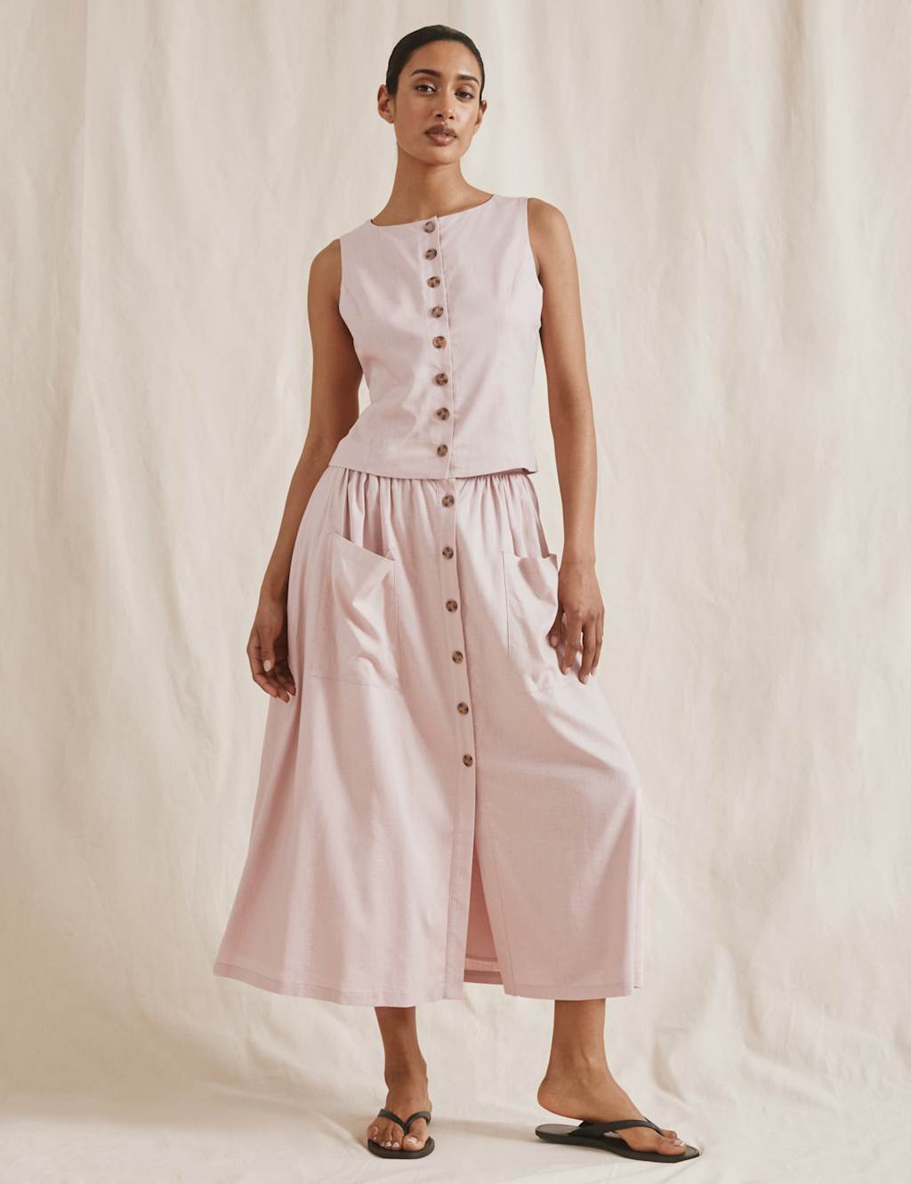 Linen Blend Button Front Midi A-Line Skirt 4 of 5