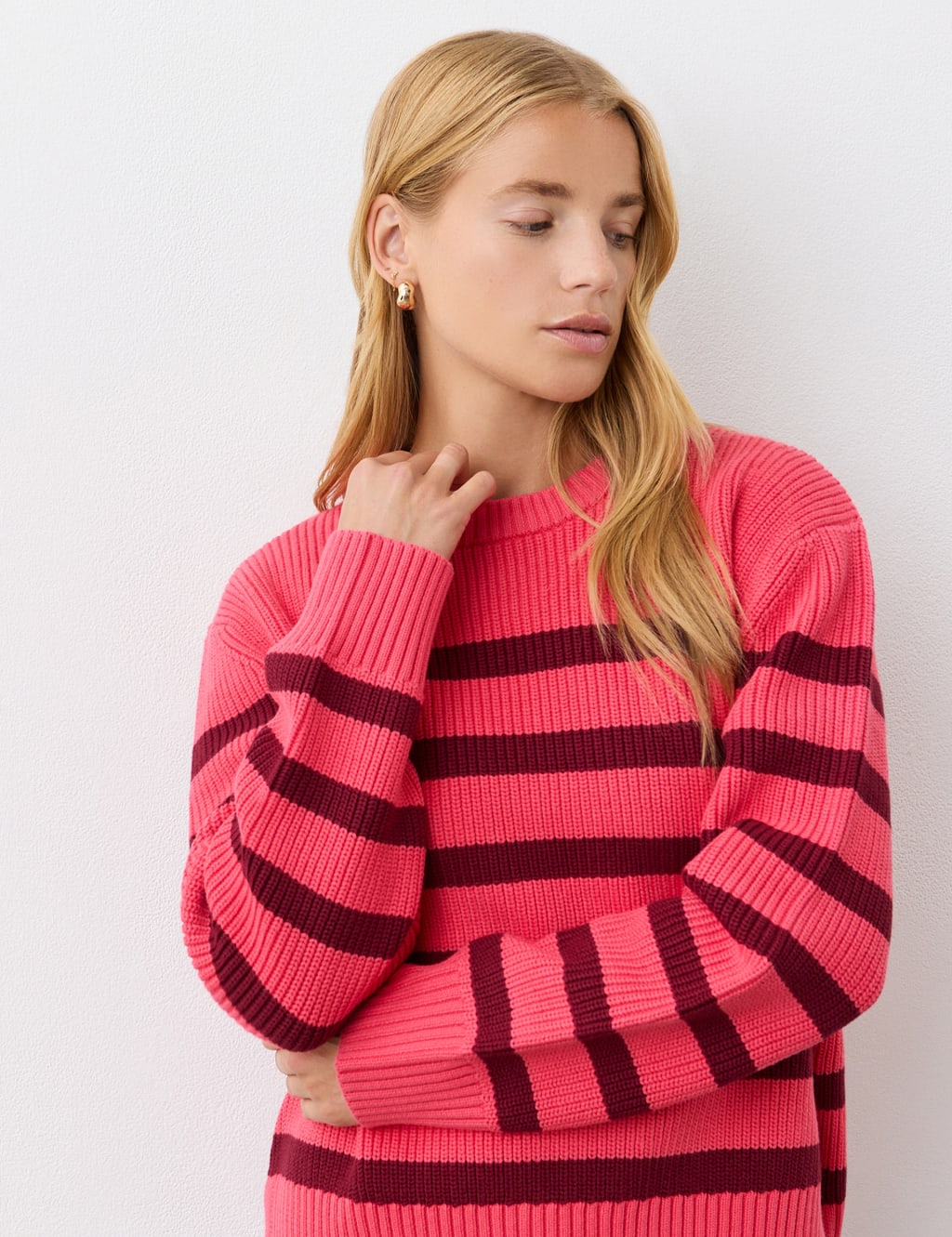 Cotton Rich Striped Ribbed Crew Neck Jumper 2 of 4