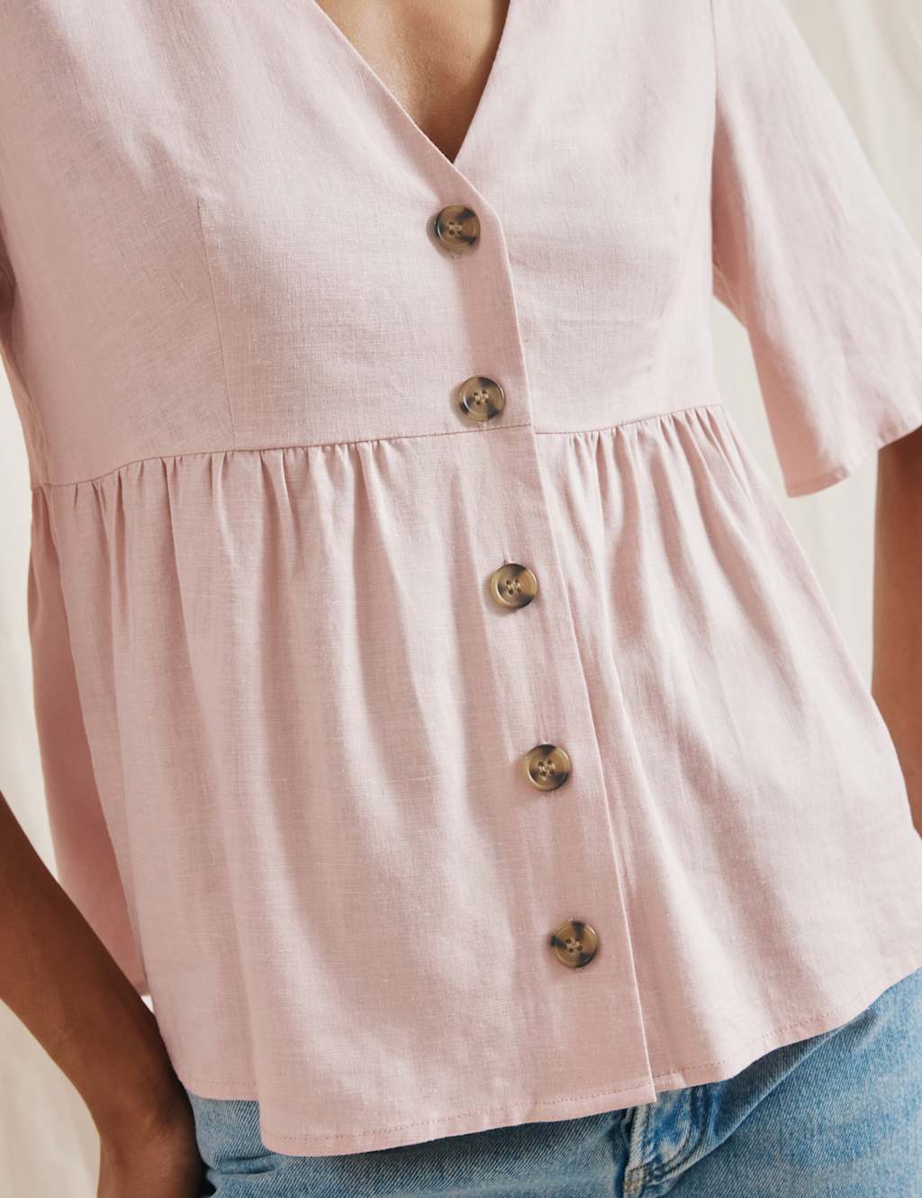 Linen Blend V-Neck Button Through Peplum Top 4 of 4