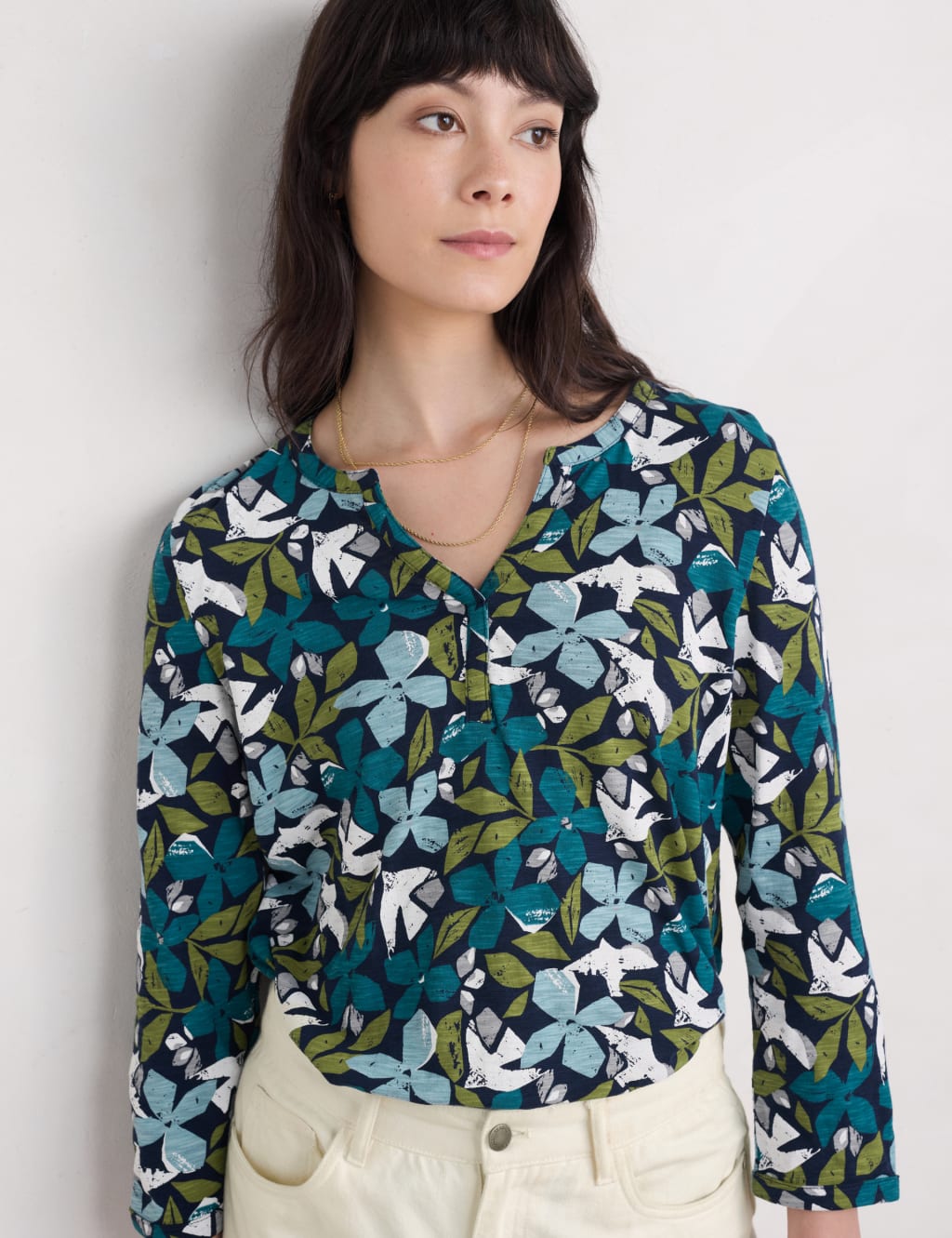 Pure Cotton Floral Slim Fit Notch Neck Top 1 of 4