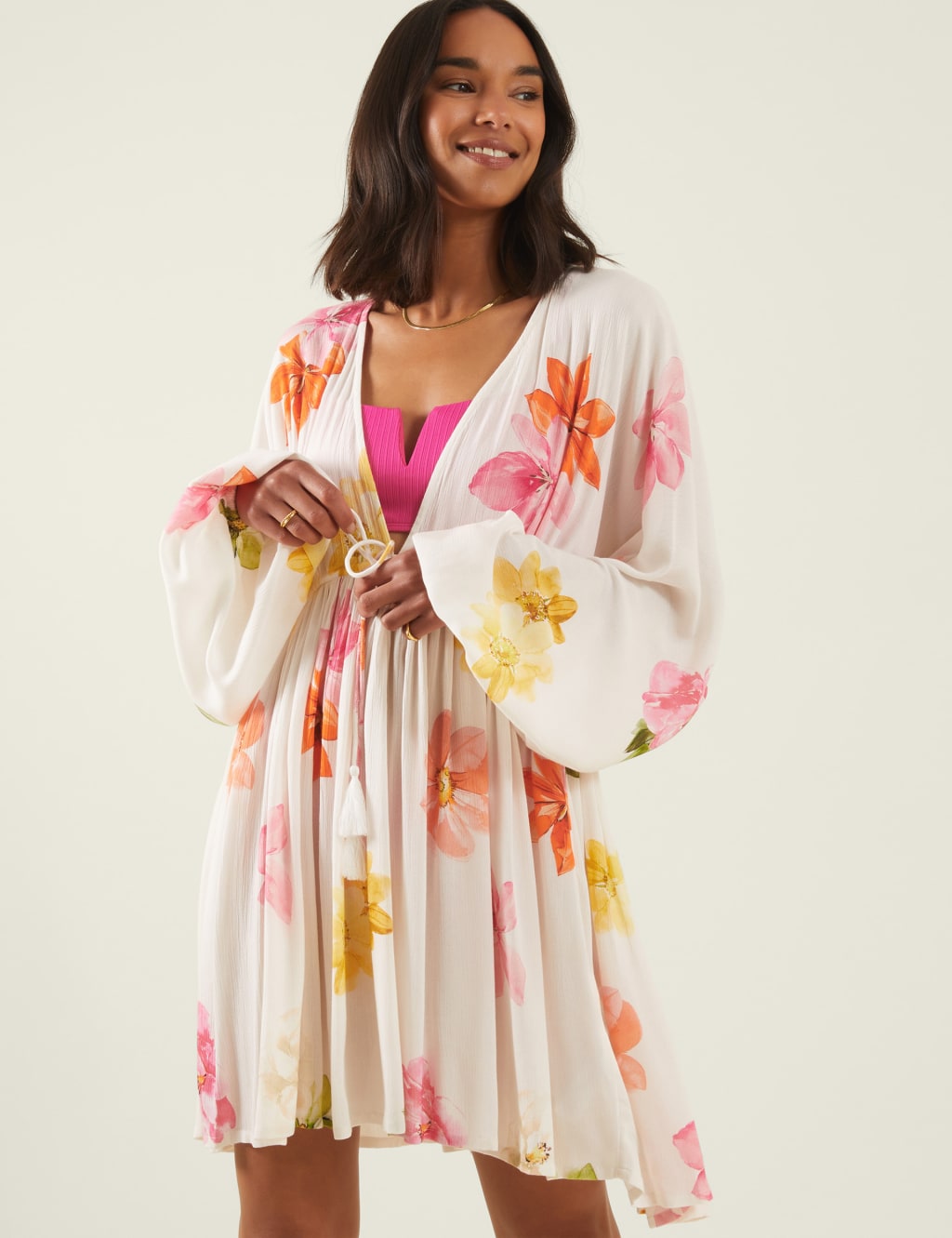 Floral V Neck Tie Front Mini Kaftan Dress ACCESSORIZE M S