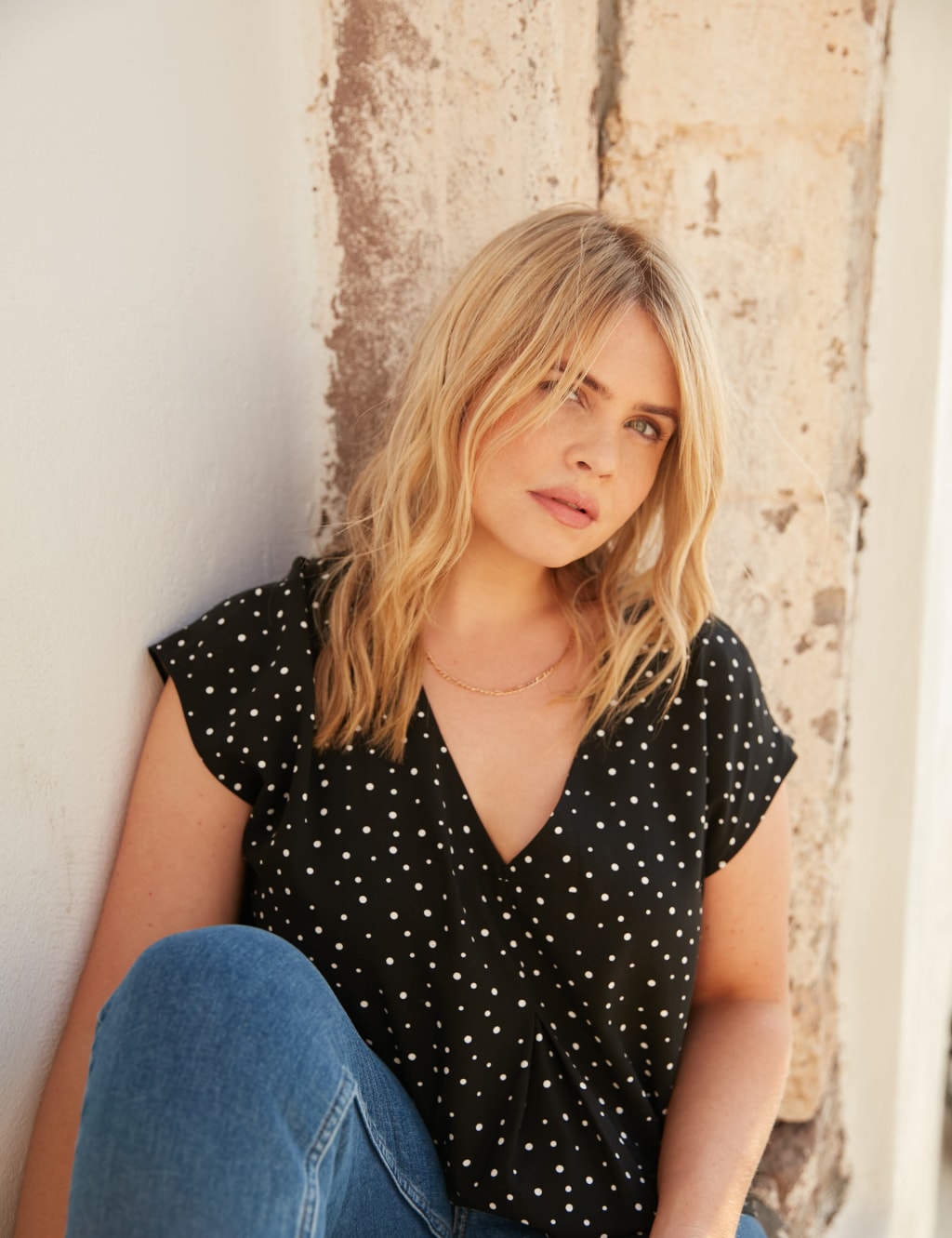 Polka dot v neck top hot sale