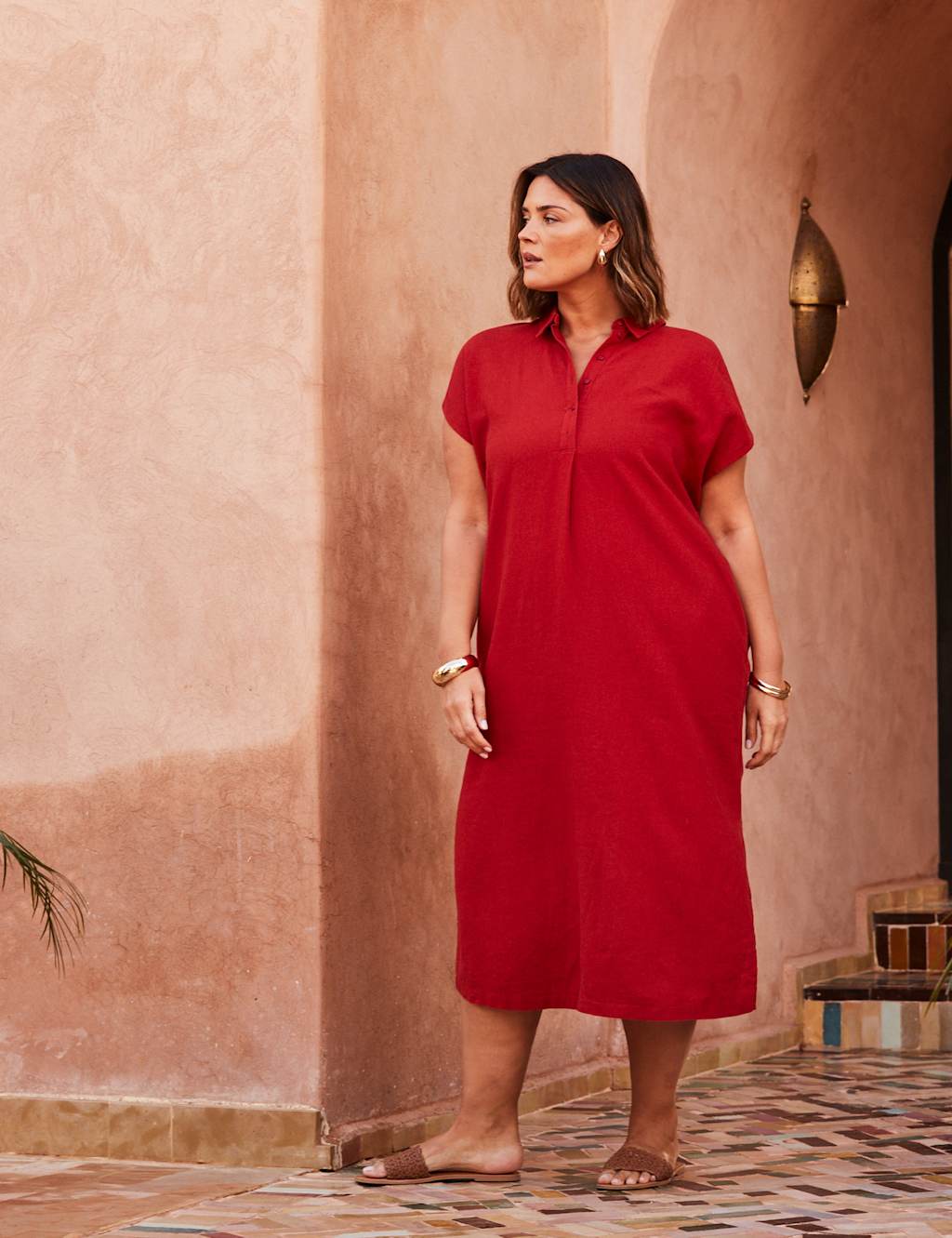 Linen Blend Midi Shirt Dress 2 of 5
