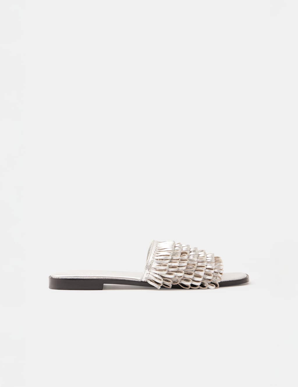 Leather Fringed Flat Square Toe Sliders 1 of 5