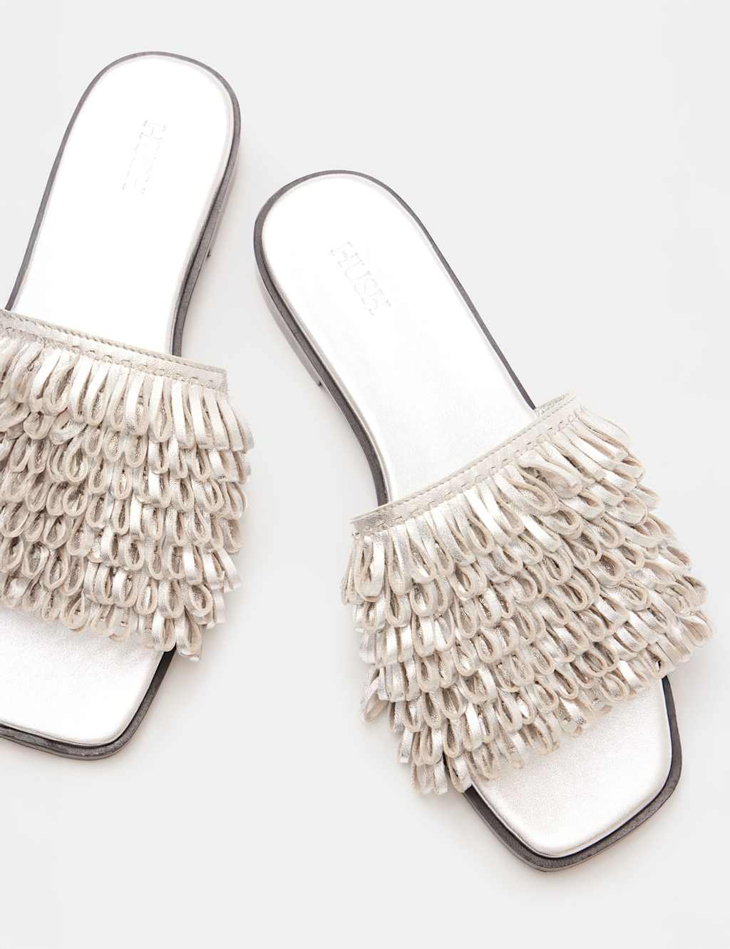 Leather Fringed Flat Square Toe Sliders 3 of 5