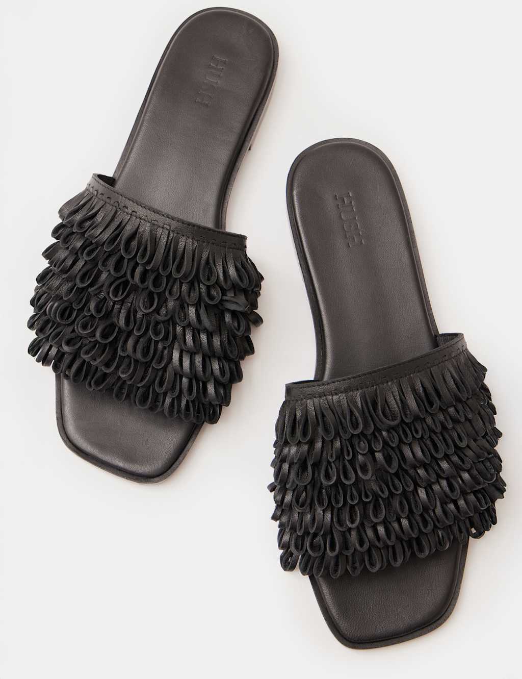 Leather Fringed Flat Square Toe Sliders 2 of 5