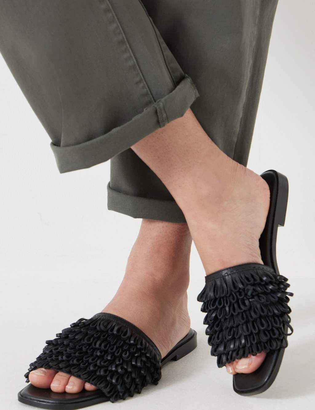 Leather Fringed Flat Square Toe Sliders 4 of 5